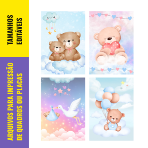 Pack com Artes Digitais para decoração de Quarto Infantil Ursos