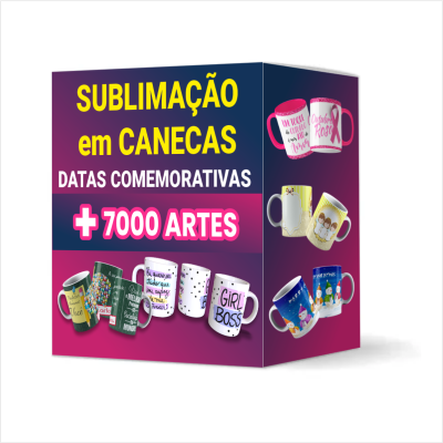 7000 artes finalizadas para sublimação em canecas, dispostas por categorias, datas comemorativas